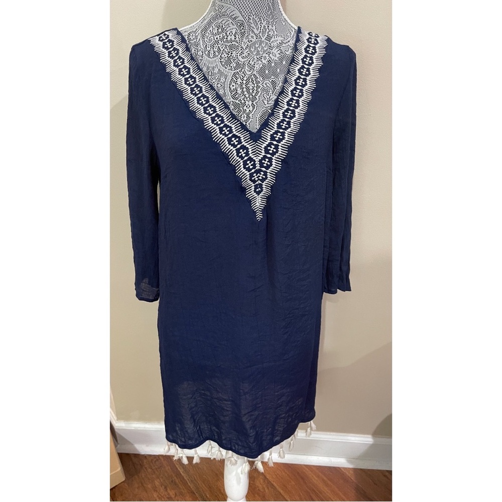 Kona Sol womens navy blue tassel embroidered swimsuit cover up size m